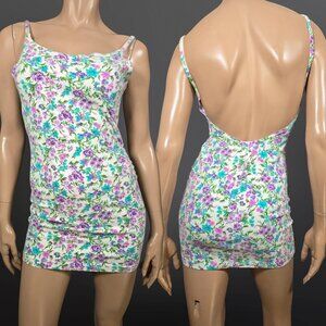Vintage 80s Floral Bodycon Mini Tank Dress Size L Open Back Stretch Jersey White